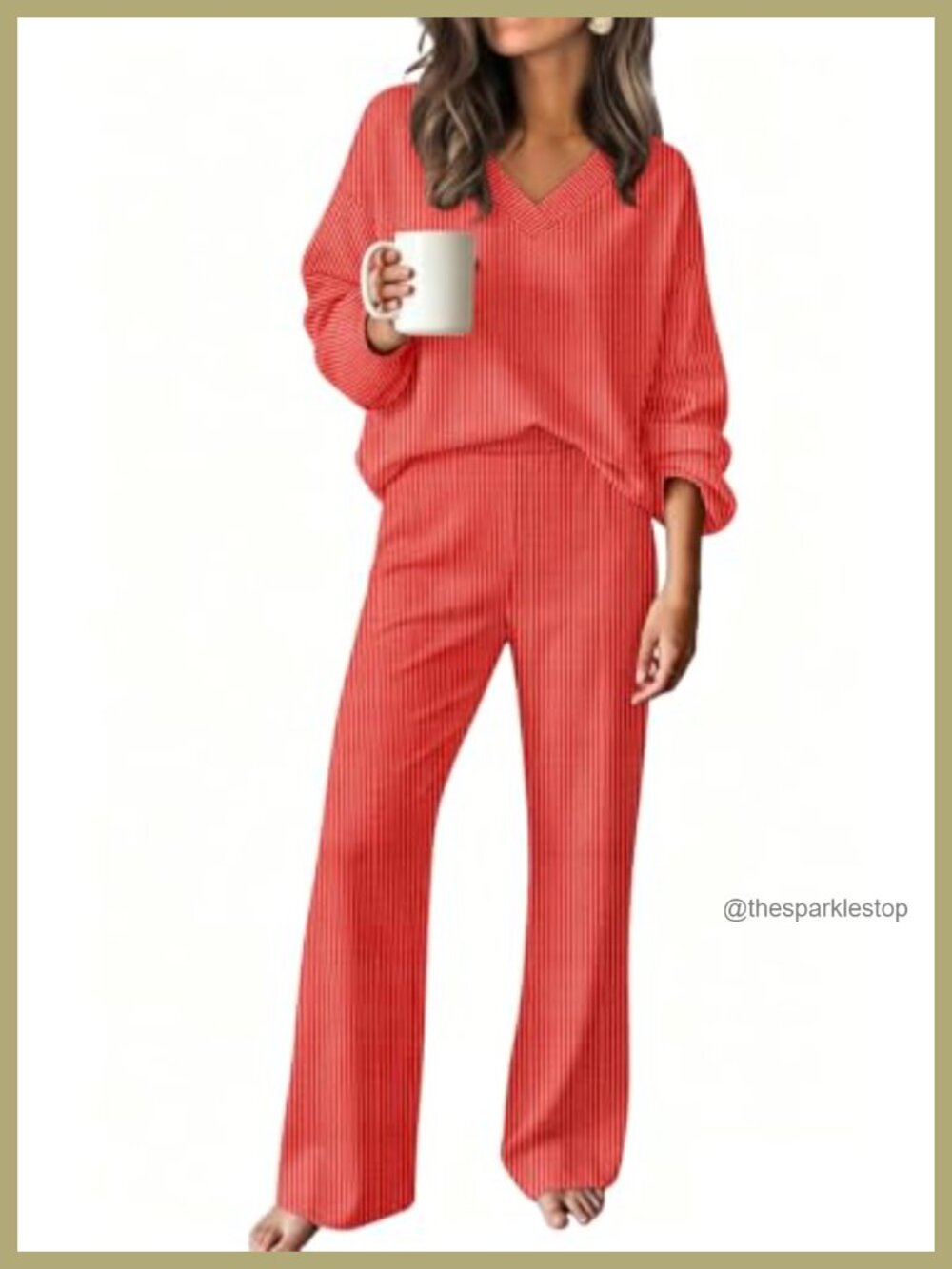 Ribbed Knit Lounge Set 2PC V-Neck Top Pockets Straight Leg Pants Travel